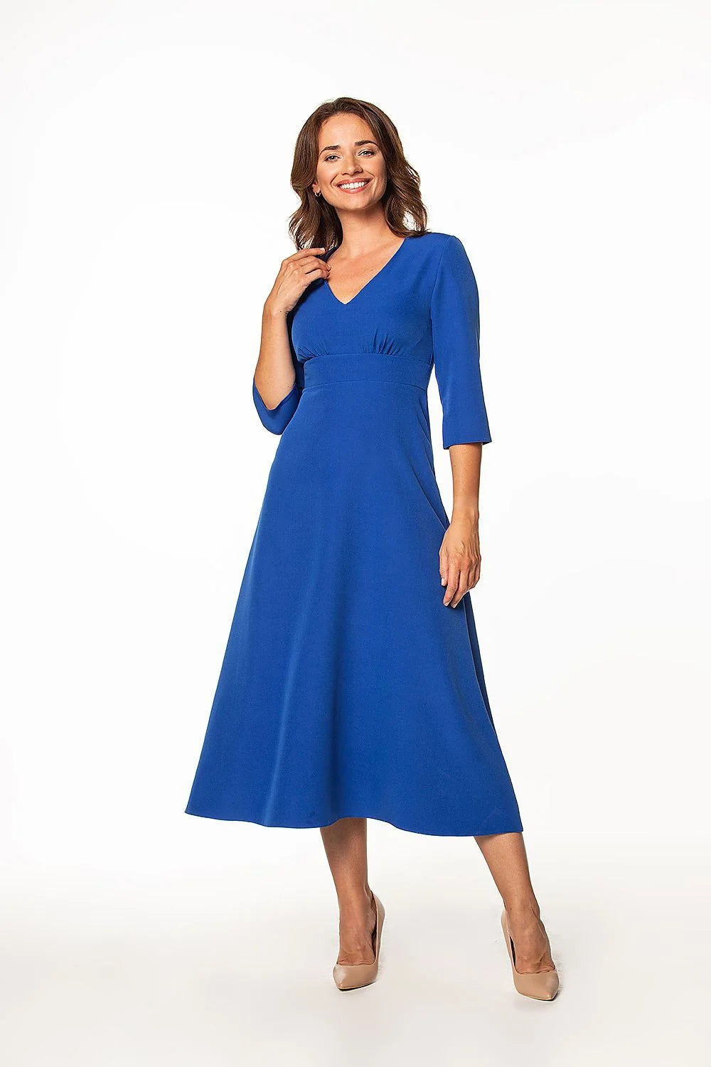 robe Tessita longue midi bleu vif manches troisquarts encolure V taille empire jupe évasée tissu fluide extensible élégante polyvalente