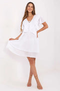 Robe été silhouette trapèze coton respirant encolure V volants manches courtes couleur blanche universelle occasions décontractées femme