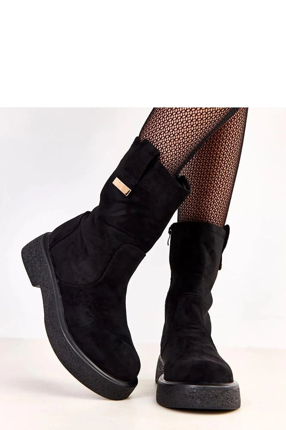 bottines femme mi mollet suédé écologique noir bout rond plateforme 5 cm tige 19 cm doublée chaude semelle caoutchouc texturé