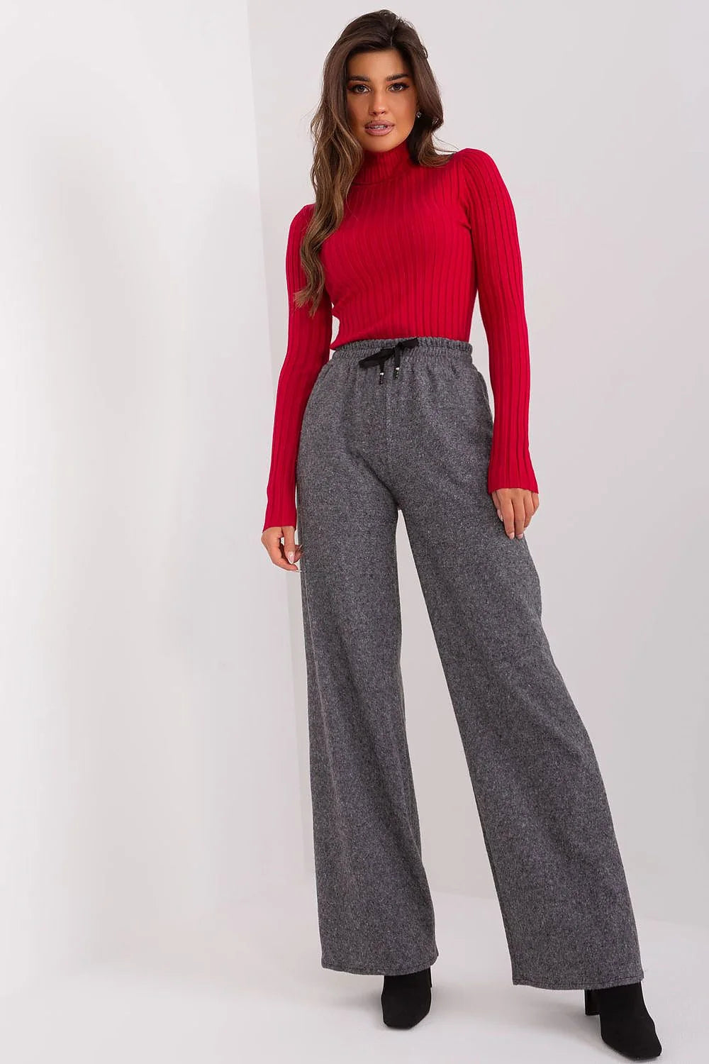 Pantalon femme Lakerta coupe large taille haute style chic tissu gris-noir matière coton élasthanne confortable occasion多种多様