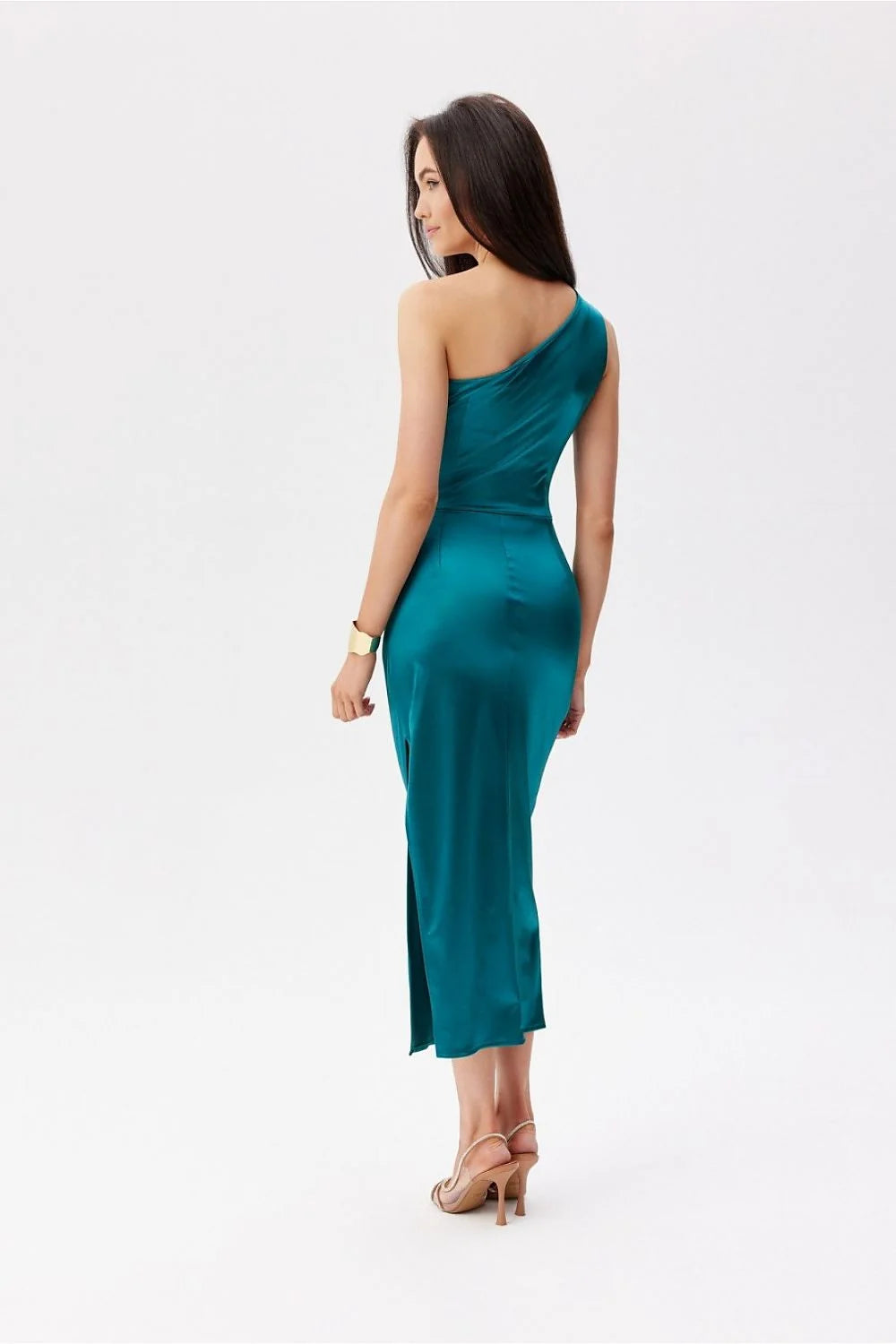 Robe de soirée élégante longueur midi épaule unique设计 asymétrique satin turquoise veste ajustée fente jupe occasion spéciale femme