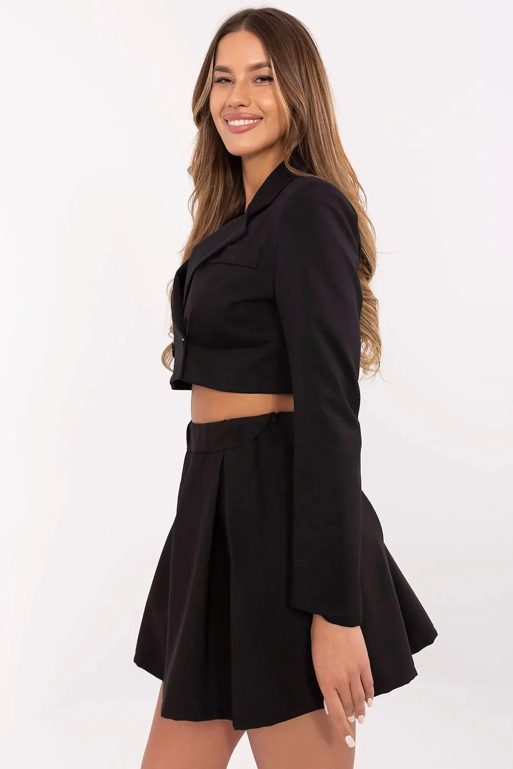 Ensemble deux pièces féminin veste blazer courte jupe évasée noire polyester coton ajustée élastique occasionnels
