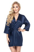 Peignoir élégant en satin bleu marine pour femmes, robe de chambre courte manches 3/4, ceinture intégrée, polyester 100%, taille ajustable
