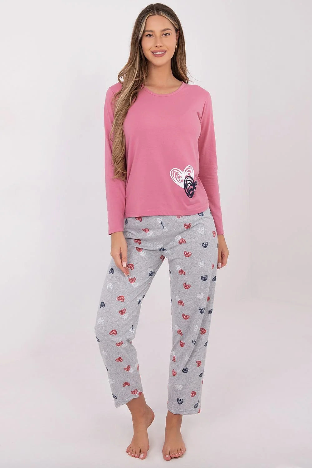 ensemble pyjama femme coton doux respirant jersey manches longues col rond coupe décontractée rose gris chiné cœurs multicolores confortable