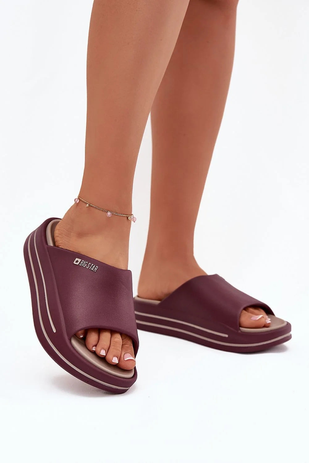 sandales femmes bigstar mules slides ouvertes plateforme épaisse 4cm rembourrées semelle mousse légère bordeaux prune dessus synthétique liseré contrastant