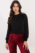 chemisier femme noir manches longues bouffantes encolure ronde coupe droite ample poignets ajustés plis épaules boutons dorés décoratifs tissu fluide