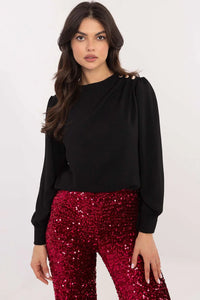 chemisier femme noir manches longues bouffantes encolure ronde coupe droite ample poignets ajustés plis épaules boutons dorés décoratifs tissu fluide