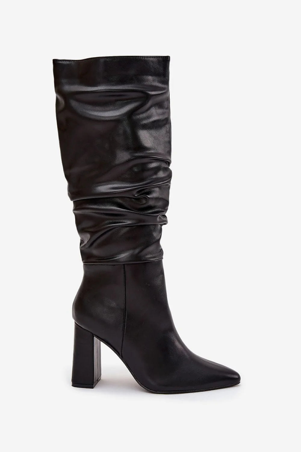 bottes hautes femme simili cuir noir talon bloc carré bout amande pointu tige froncée slouchy fermeture éclair pratique confort marche