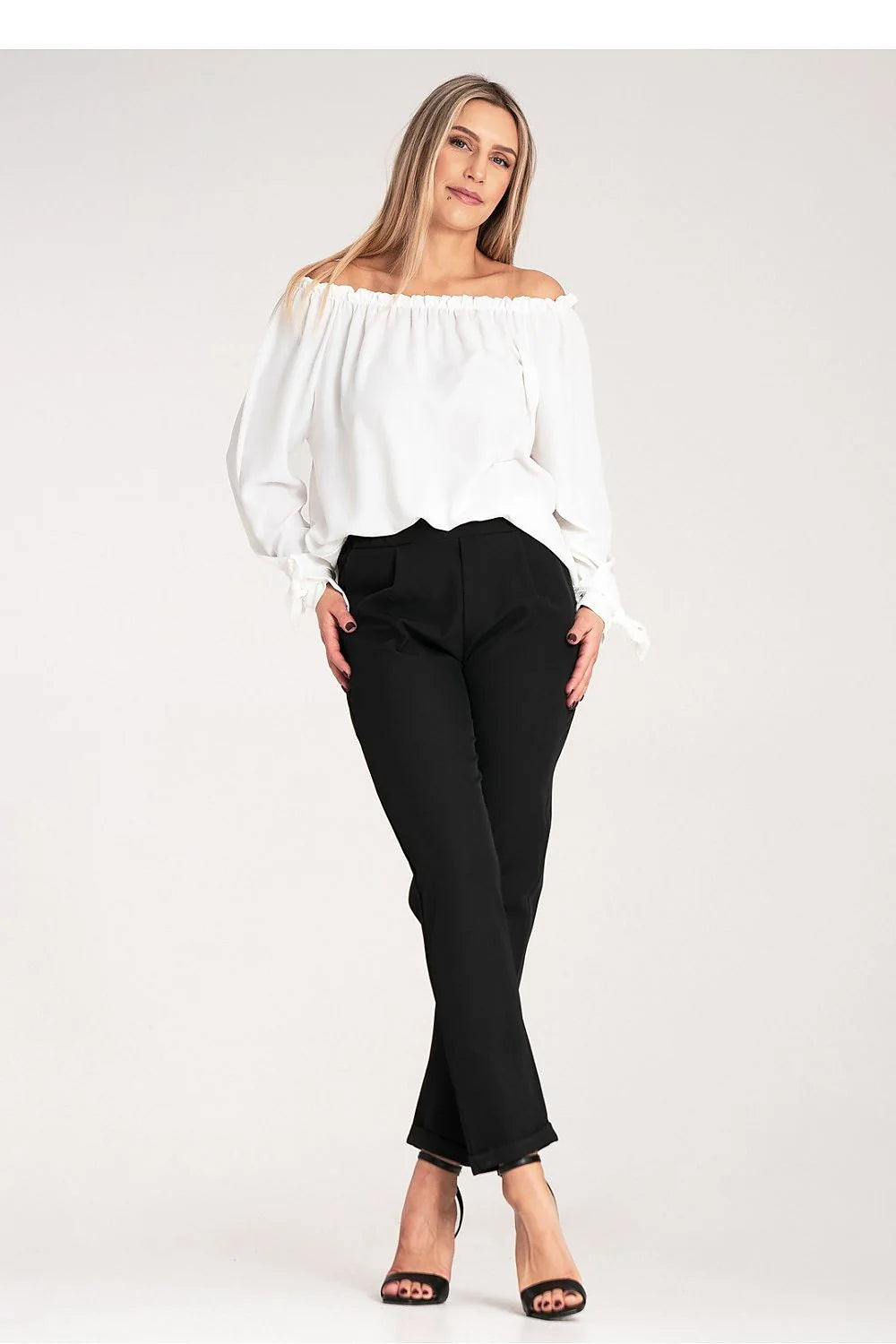 pantalon femme élégant coupe droite cigarette noir blanc taille haute fuselée poches latérales ourlet retroussé tissu mélangé polyester élasthanne confortable