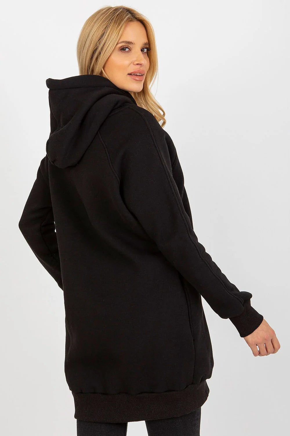 sweatshirt femme oversize tunique noir capuche cordons blancs contrastants coupe longue ample molleton doux doublure isolante