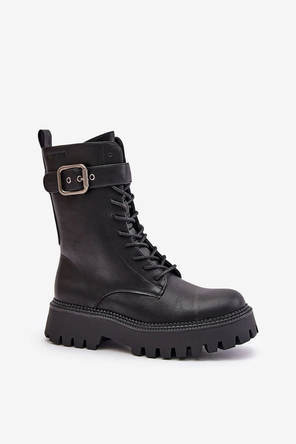 Bottes noires mi-mollet cuir synthétique style militaire robustes lacets boucle tendance femme urbaine