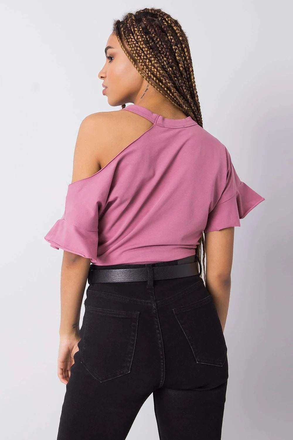 Blouse Fancy asymétrique pour femme, style cold shoulder, manches courtes, couleur rose vif, coton stretch, confortable, versatile, occasion多种