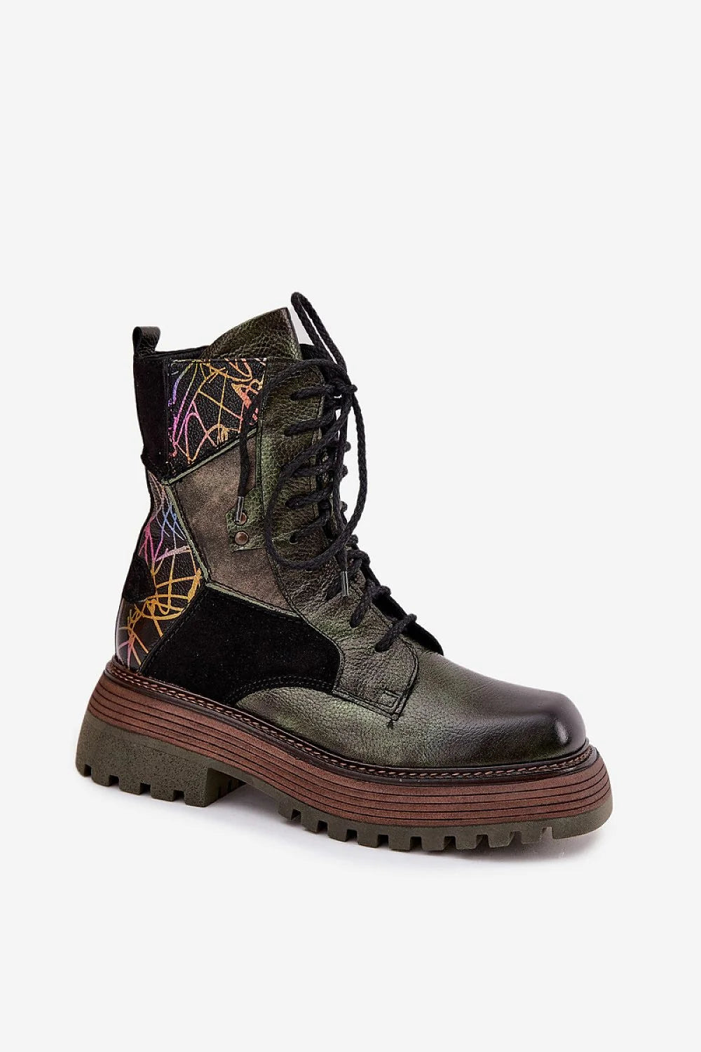 bottines femme Maciejka cuir naturel grainé kaki olive suède noir plateforme épaisse semelle crantée talon bloc bout carré fermeture éclair