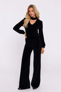 ensemble féminin velours noir haut manches longues col choker découpe goutte décolleté taille haute pantalon jambes larges évasées