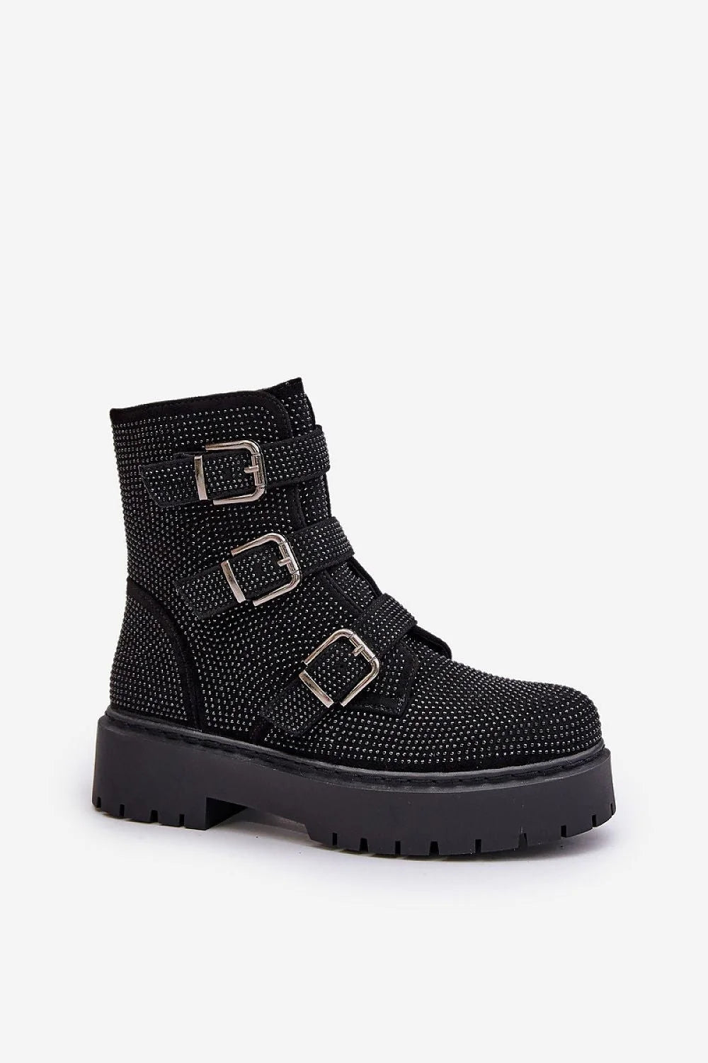 Bottes Step in style en textile noir scintillant, fermeture éclair, sangles métalliques argentées, semelle crantée, hauteur mollet, femme