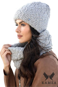 Ensemble d'hiver chic pour femme en laine et polyamide, bonnet et écharpe tube beige, Kamea