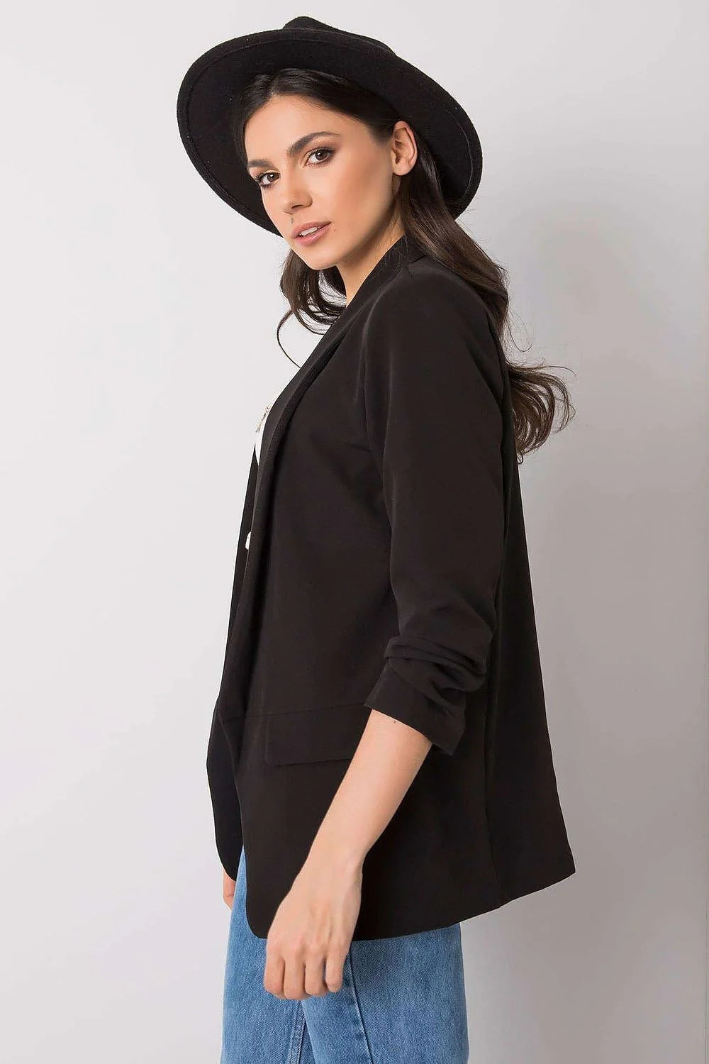 Blazer femme crêpe fluide élégant marron cognac ajusté manches retroussées col châle poches rabat