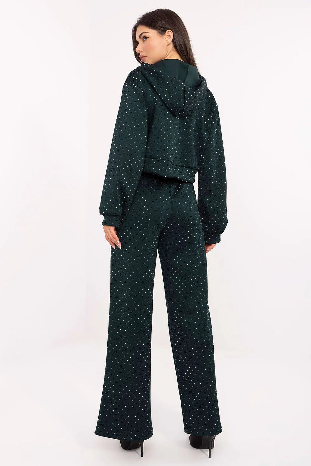 survêtement femme chic velours vert sapin strass scintillants sweat zippé capuche cordon pantalon taille haute jambes larges poches latérales