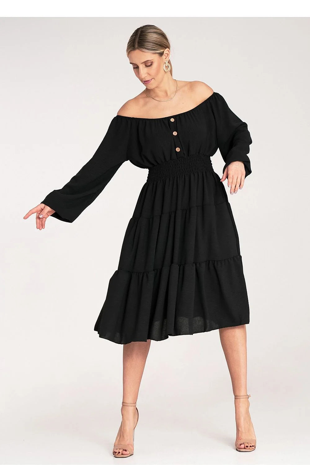 Robe de jour élégante style bohème-chic encolure Bardot manches longues empire waist volants noire polyester élasthanne femme