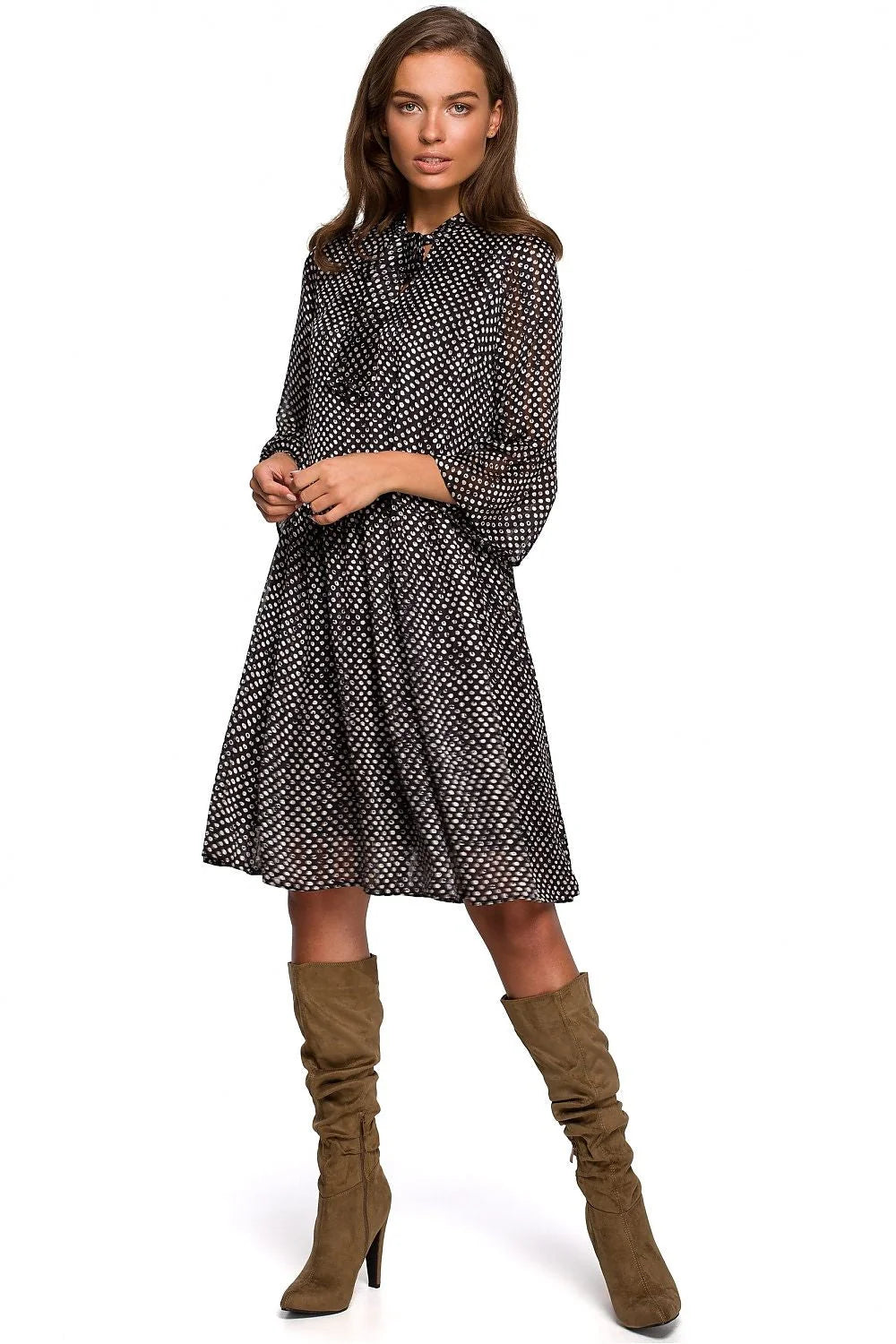 Robe en polyester chic décontractée motifs à pois manches longues évasées pour femmes élégantes et stylées