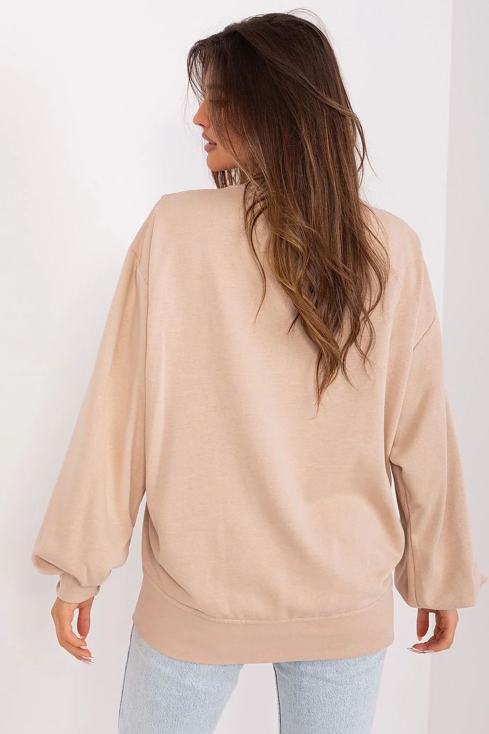 pull femme oversize beige col rond manches ballon coupe décontractée doux coton polyester couture V ourlet côtelé confortable polyvalent stylé