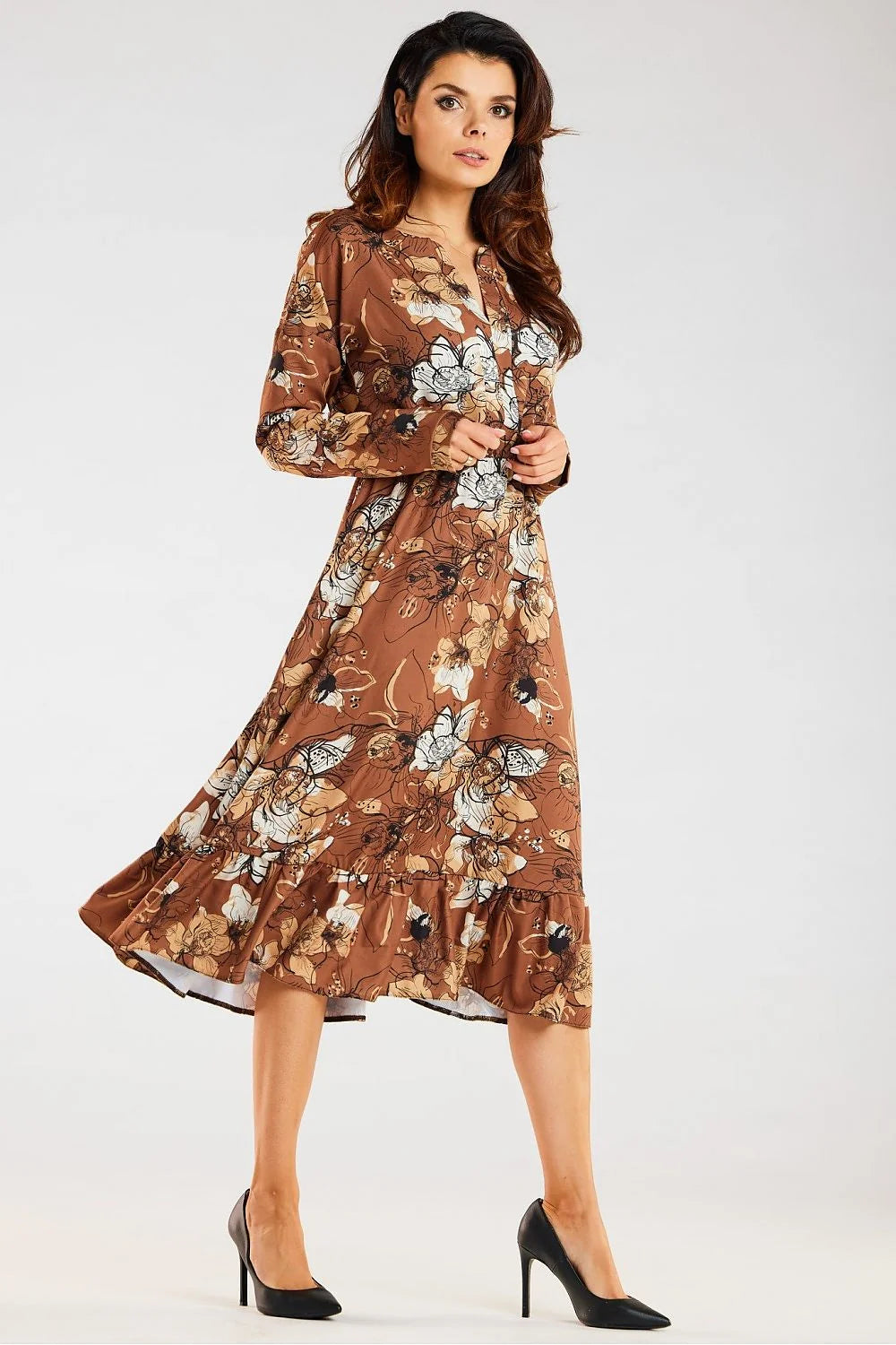 Robe awama femme style décontracté élégant floral automnal couleurs marron beige blanc noir manches longues taille élastiquée