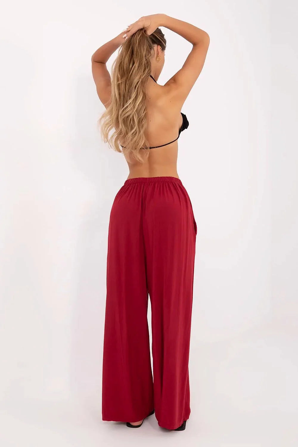 Pantalon femme Italy Moda large rouge taille haute ceinture élastique poches latérales été confort mode