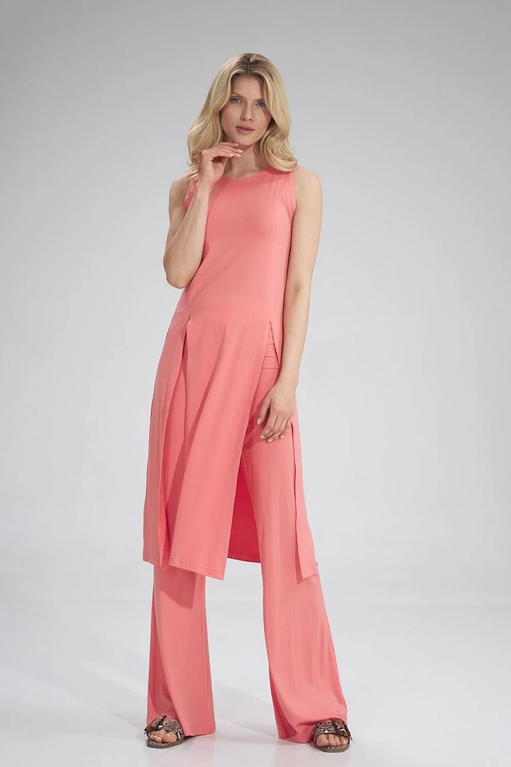 Ensemble tunique pantalon jersey fluide élégant sans manches fentes style moderne pour femmes chic casual