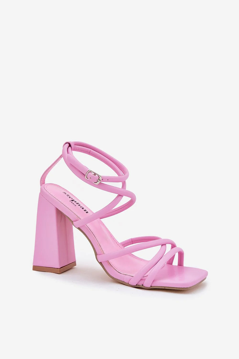 Sandales à talons bloc élégantes pour femme, rose pastel, lanières fines, boucle dorée, semelle rembourrée, soirée, style moderne