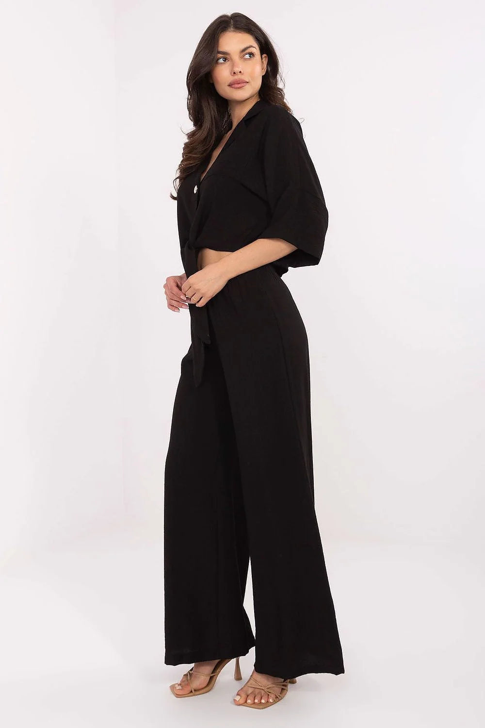 Ensemble Och Bella pour femmes chemise et pantalon noir style moderne coupe élégante tissu viscosé nylon confortable