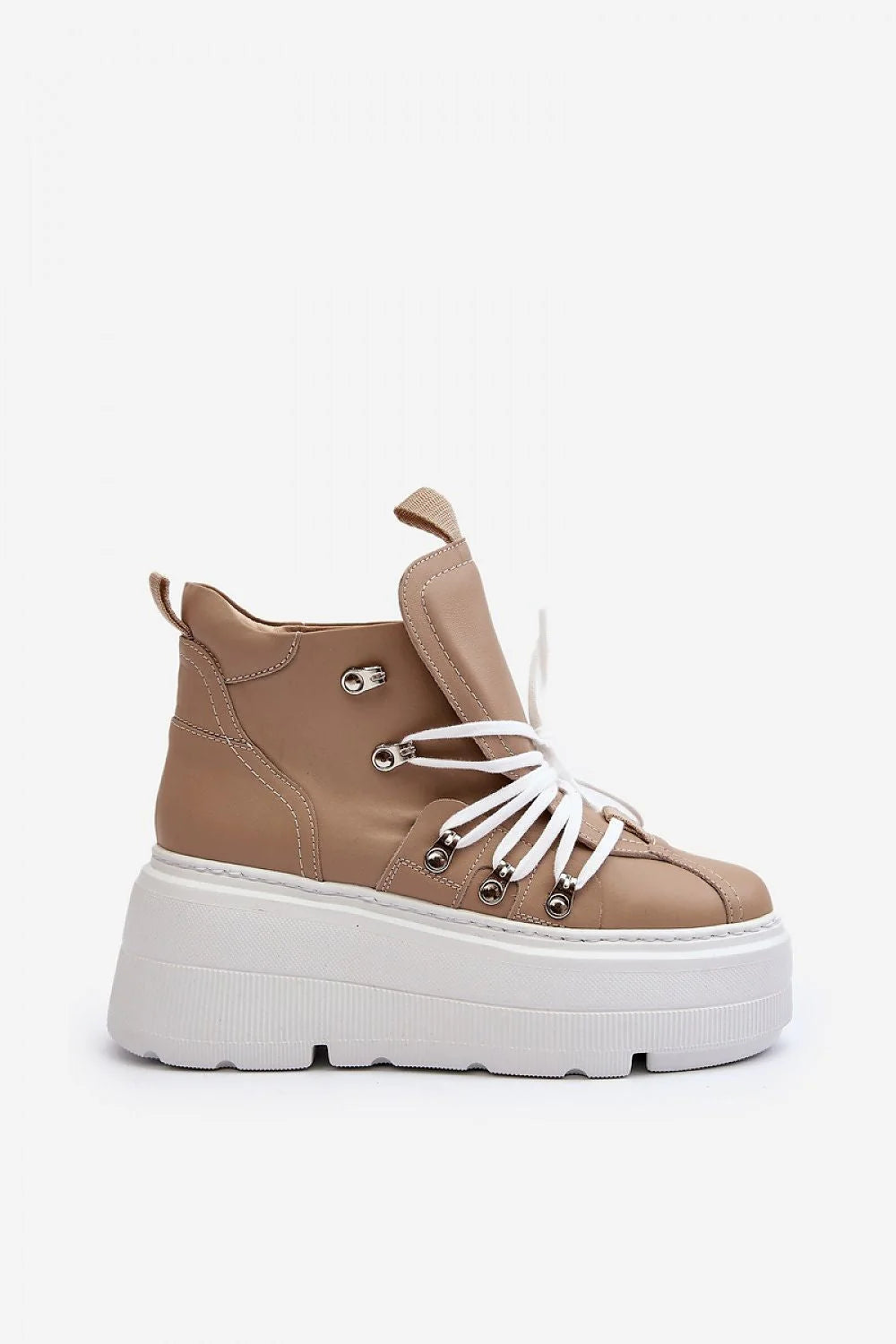 Bottines femmes design moderne audacieux plateforme cuir naturel beige lacets blancs talon 8cm printemps été