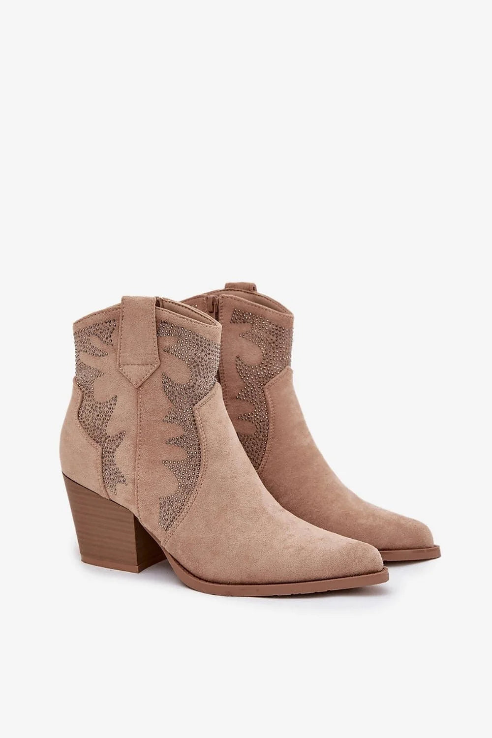 bottines cowgirl femme similicuir écologique suédé taupe bout pointu clous métalliques décor talon bloc effet bois fourrure synthétique chaude zip