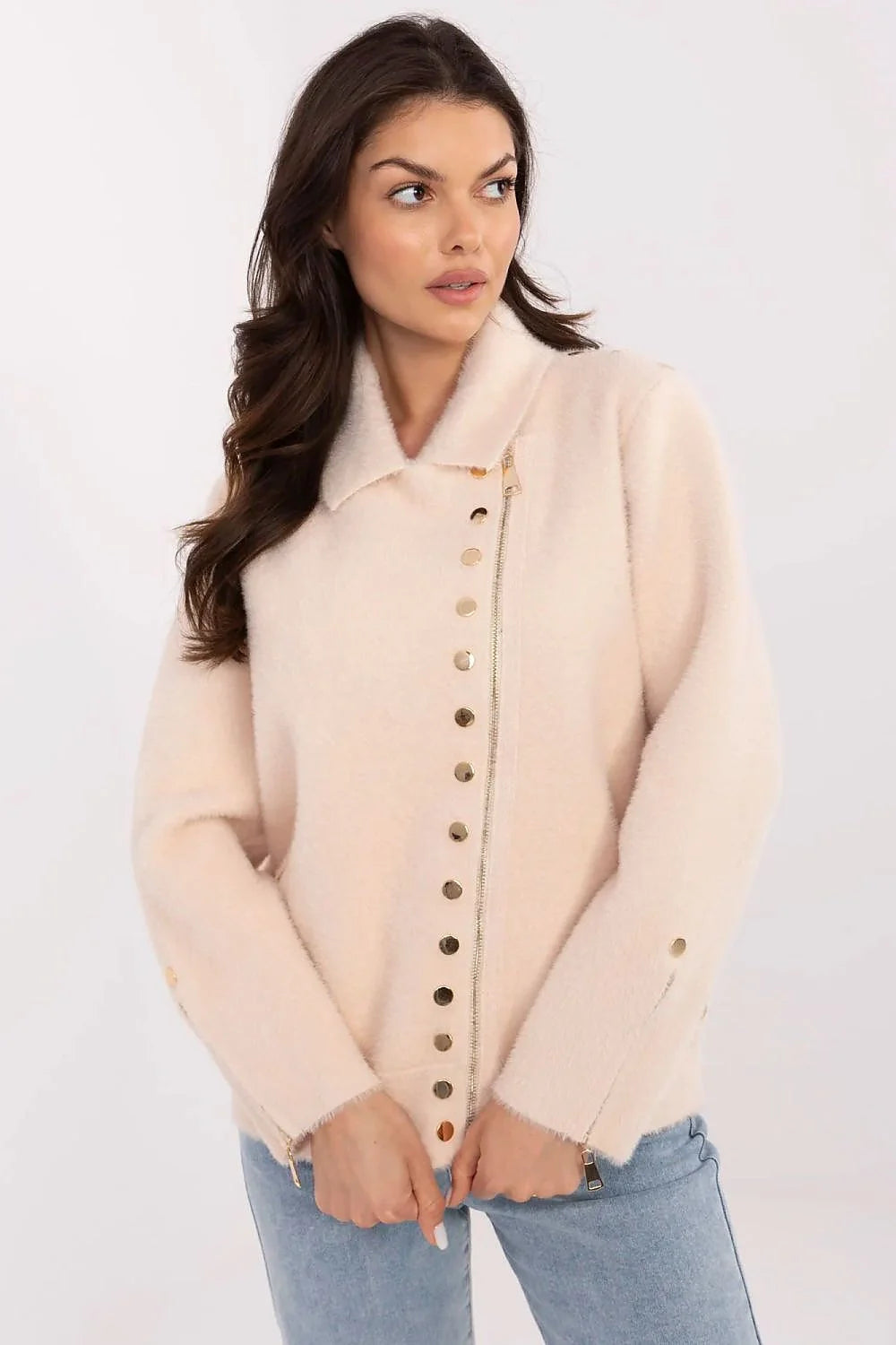 Veste élégante pour femme en laine et polyester couleur beige clair coupe droite avec boutons dorés manches longues sans capuche