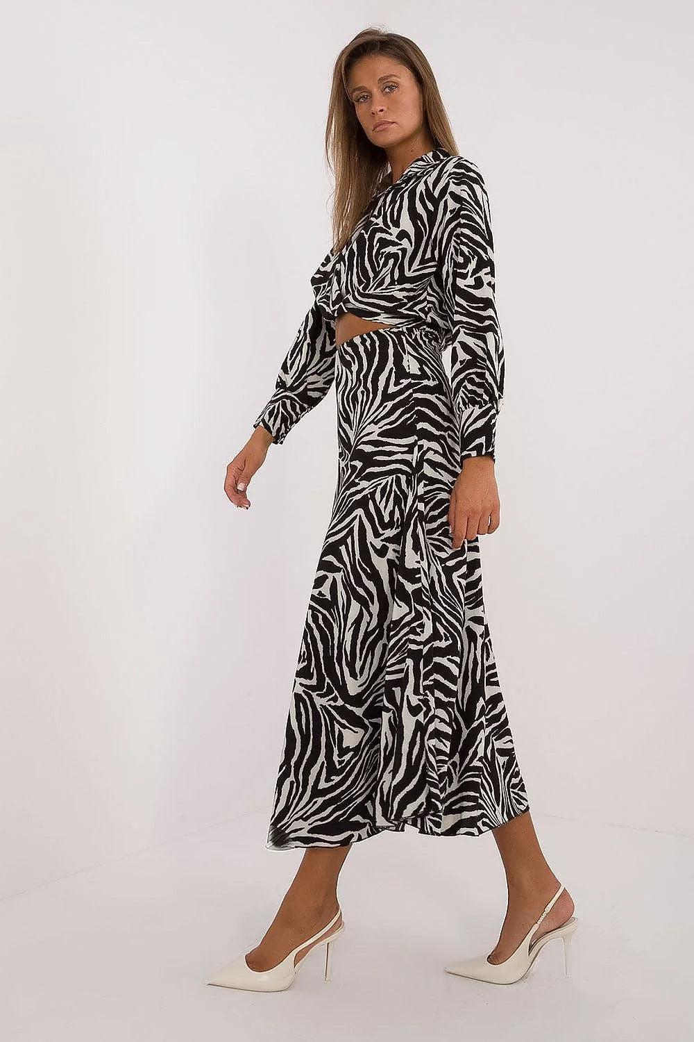 Ensemble féminin Italy Moda élégant imprimé zèbre noir blanc manches longues jupe longue évasée