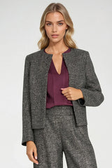 tailleur blazer femme courte boxy coupe régulière tweed gris chiné texture bouclée épaules structurées doublée polyester minimaliste élégante bureau