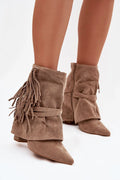bottines femme suédine écologique taupe chelsea pointu talonbloc franges lanières bouclesdorées bridecroisée fermeturezippée drapée confortables élégantes bohème western