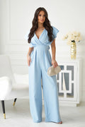 Combinaison Bicotone élégante pour femme bleu clair col V croisé manches larges taille ajustable jambes amples polyester elasthanne