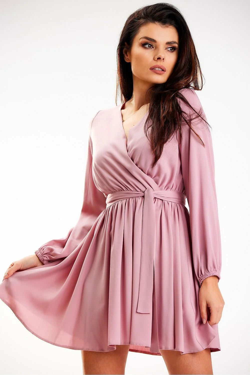 Robe de jour élégante awama manches longues en V taille ajustée en viscose polyester femme