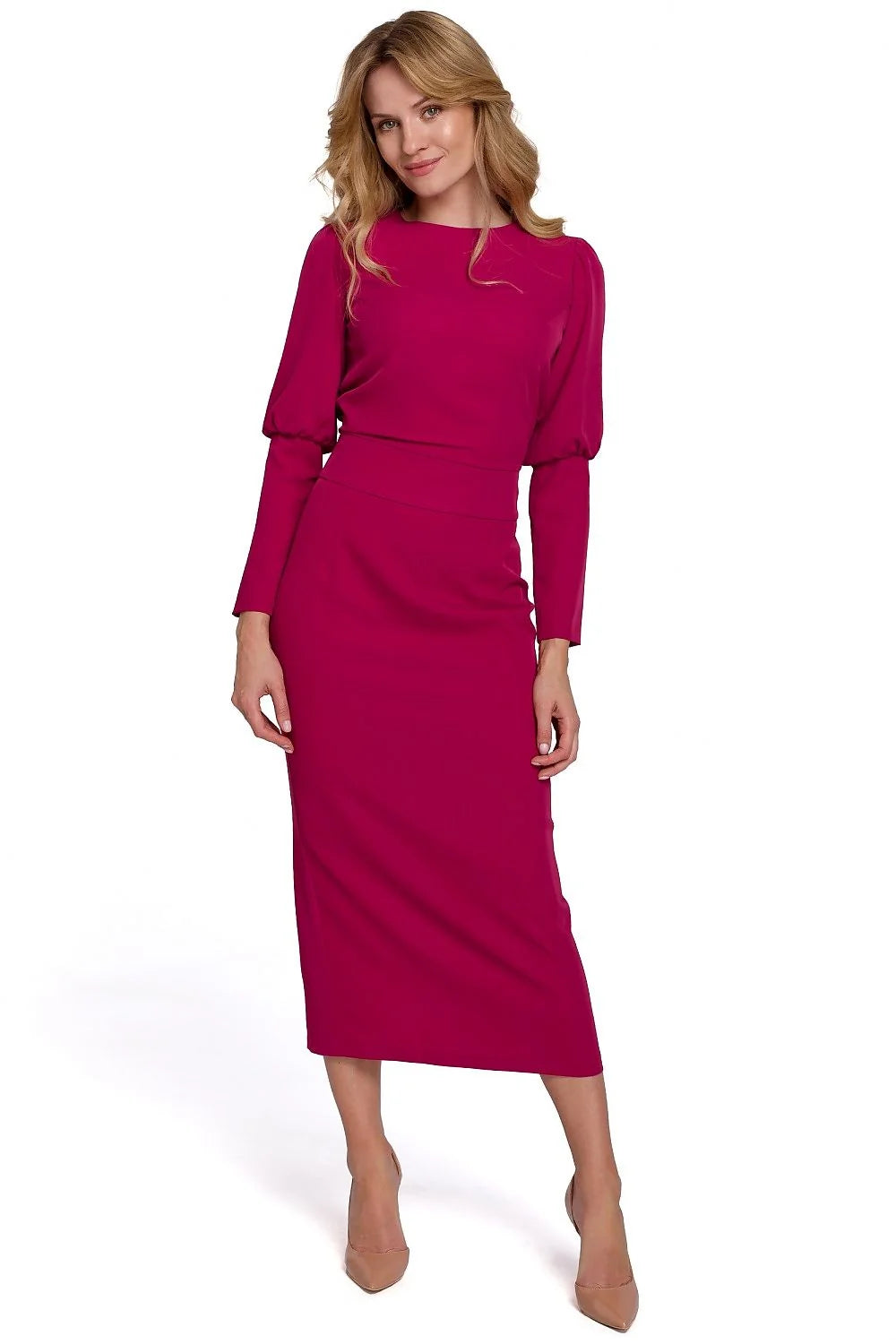 Robe midi polyester élégante violet vif manches longues ajustée classique style intemporel femmes