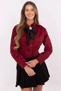 Chemise manche longue Italy Moda rouge profond nœud noir broche strass coton féminine occasion spéciale