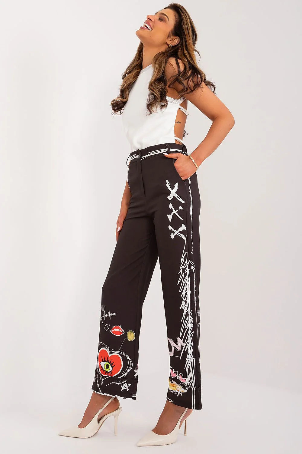 Pantalon femme design graphique multicolore motifs artistiques style urbain coupe large taille haute polyester coton blanc noir