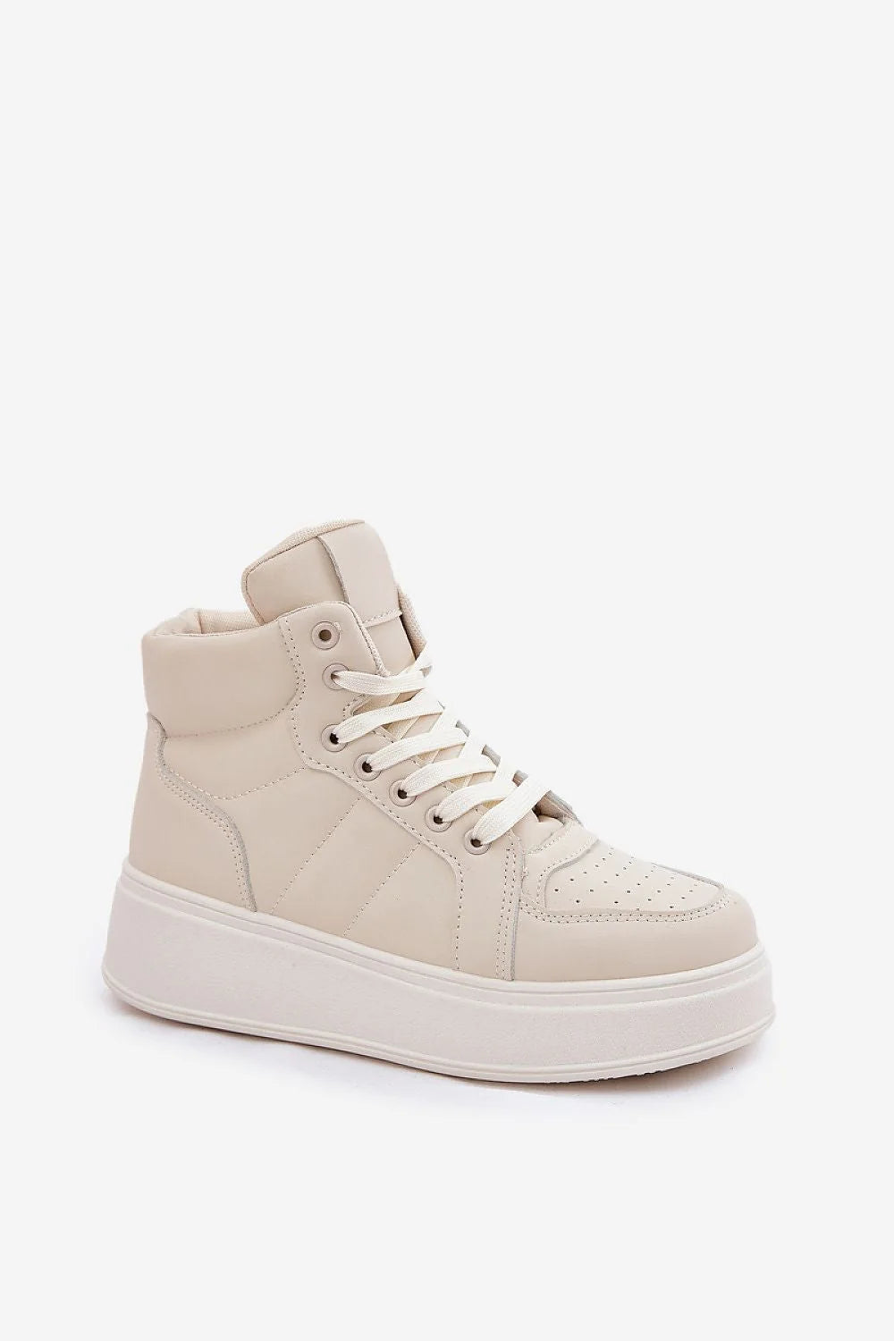 Chaussures de sport hautes en cuir artificiel moderne et minimaliste pour femmes, style urbain, couleur beige clair, confort et style pour quotidien et occasion décontractée