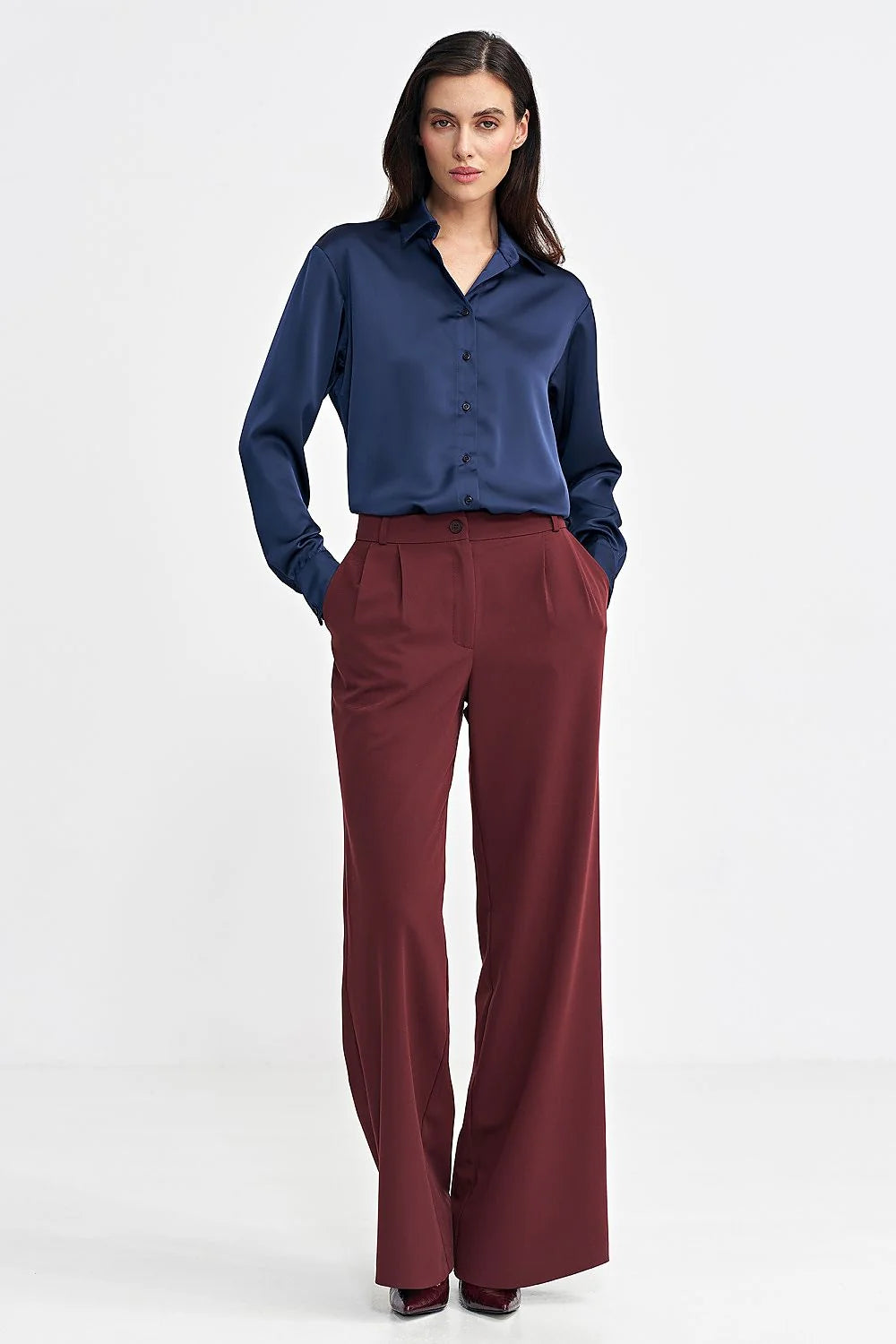 Pantalon femme couleur bordeaux large fit high waist front plis poches latérales polyester elasthanne occasion formelle