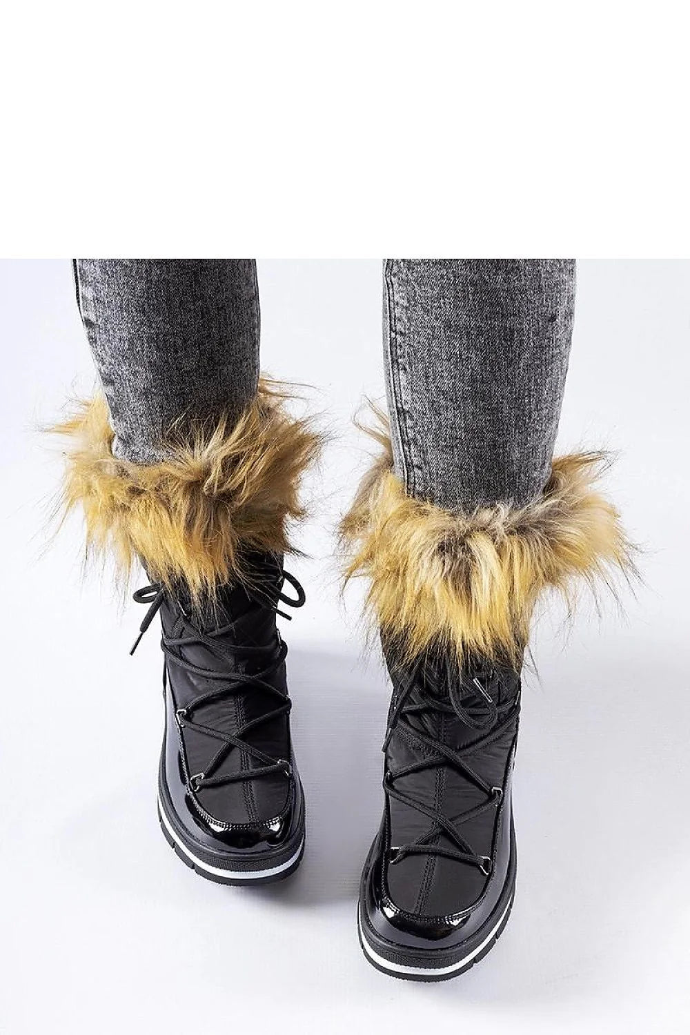 Bottes d'hiver en simili cuir noir brillant pour femmes modernes avec fausse fourrure confortable élégante