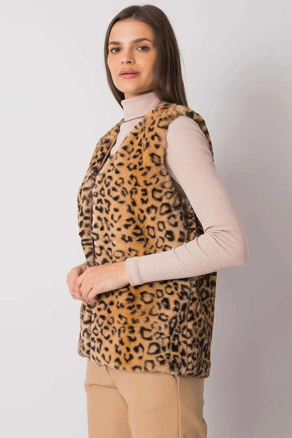 Gilet pour femme sans manches imprimé léopard faux fourrure doux col V mode moderne taille ajustable polyester 100%
