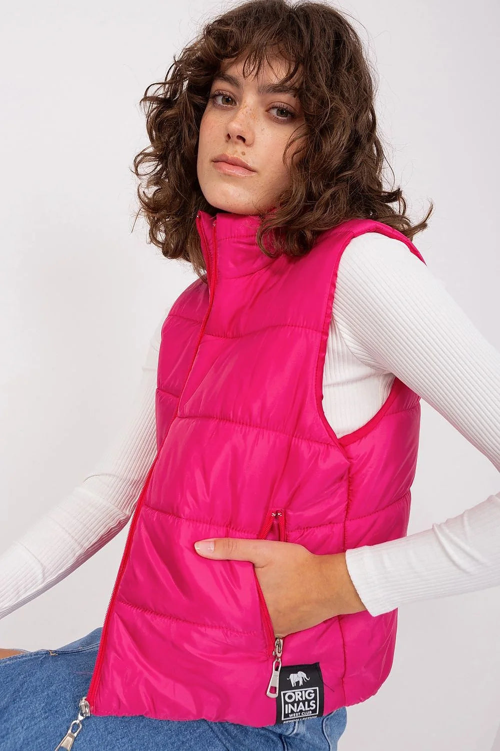 Gilet matelassé pour femme style urbain couleur fuchsia polyester automne hiver sans manches coupe ajustée fermeture éclair poches latérales