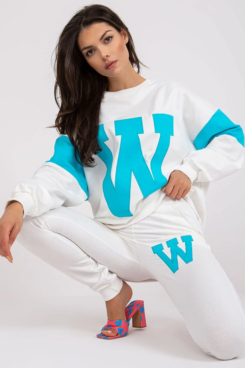 Ensemble Fancy pour femme sweatshirt manches longues pantalon slim taille élastique coton élasthanne blanche orange tendance mode