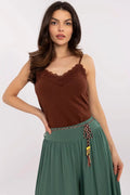 Ensemble féminin chic débardeur tank top dentelle V-neck jupe fluide boho forest green chocolat brown femme