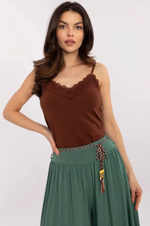 Ensemble féminin chic débardeur tank top dentelle V-neck jupe fluide boho forest green chocolat brown femme