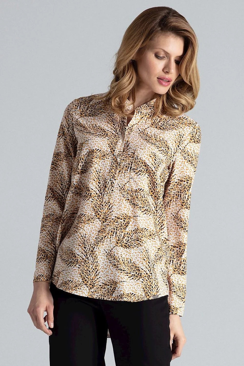 Chemisier Figl élégant imprimé animal végétal couleurs naturelles manches longues col droit femme polyester élasthanne